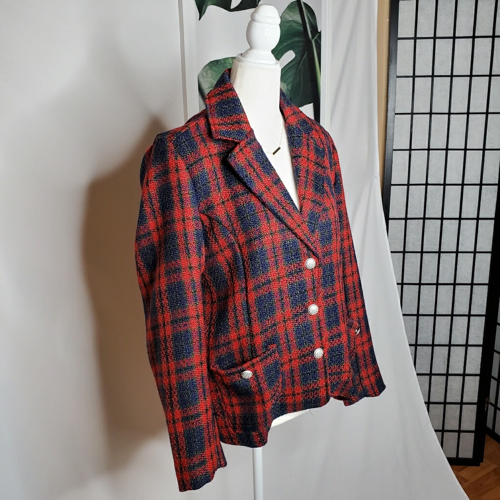 TOG Shop Vintage Christmas Plaid Blazer Red Blue